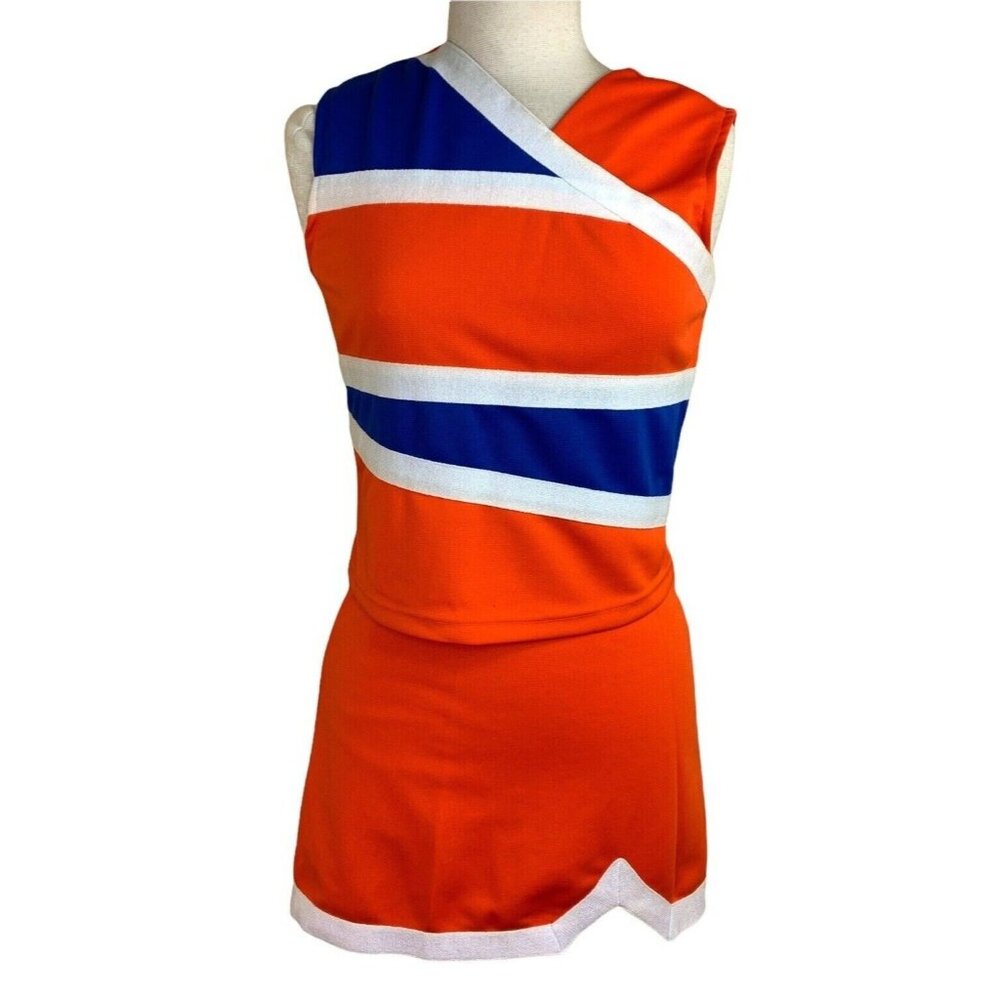 Adult M Real Cheerleading Uniform Outfit Costume 34" Top 27" Skirt Orange Blue